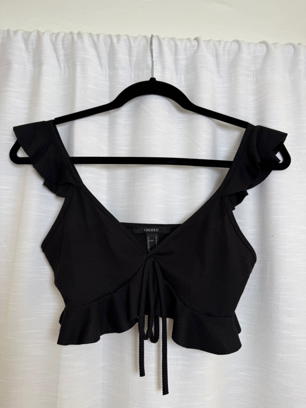 Forever 21 Black Ruffle Crop Top Flutter Sleeve Tie Front Ribbed Boho | Size M - Picture 4 of 10